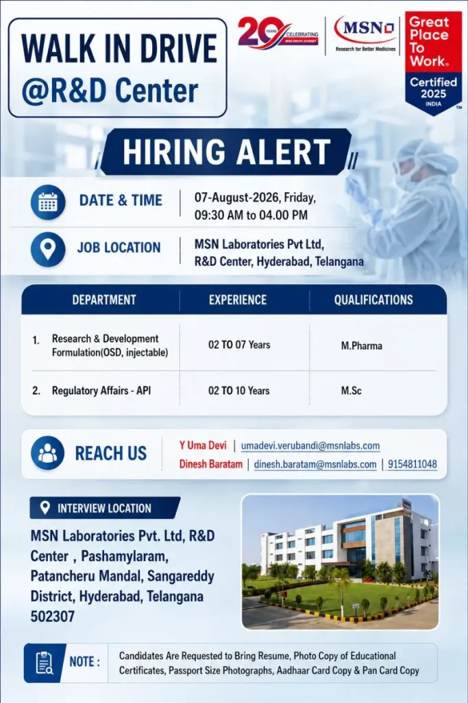 MSN Laboratories is Hiring for R&D and Regulatory Affairs roles