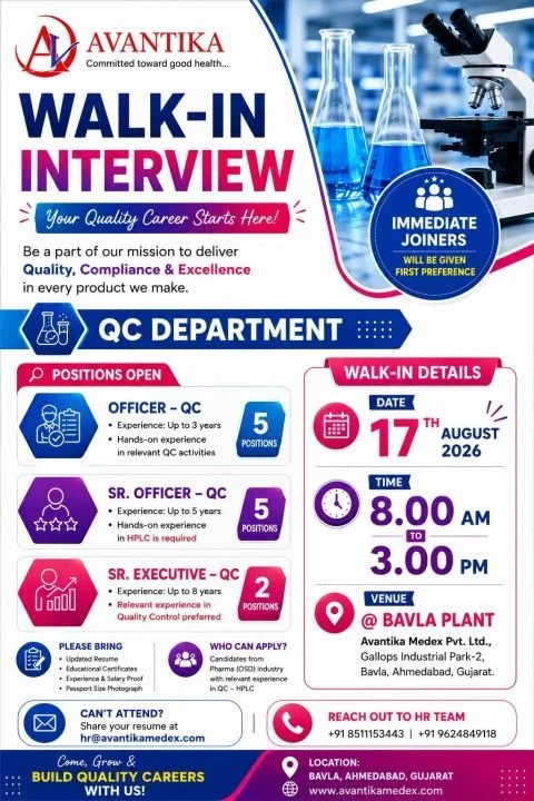 Avantika Medex is Hiring for Officer &ndash; QC, Sr. Officer &ndash; QC, Sr. Executive &ndash; QC
