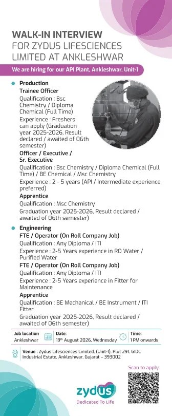 Zydus Lifesciences is Hiring Freshers & Experienced for Production and Engineering roles