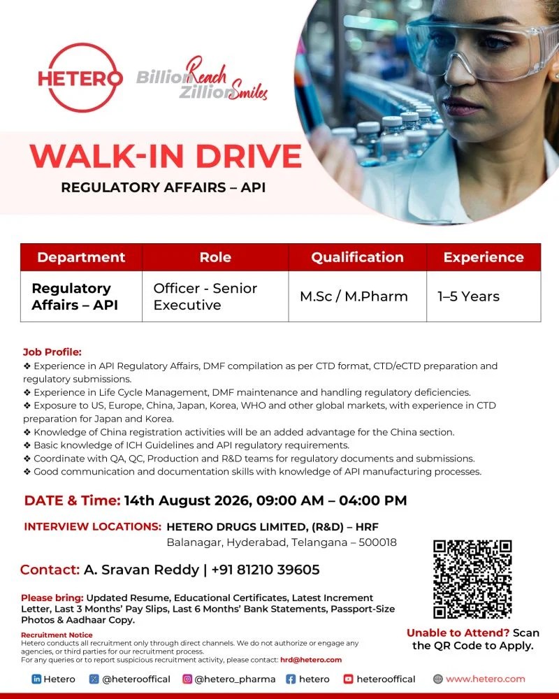 Hetero Drugs is Hiring for Regulatory Affairs &ndash; API