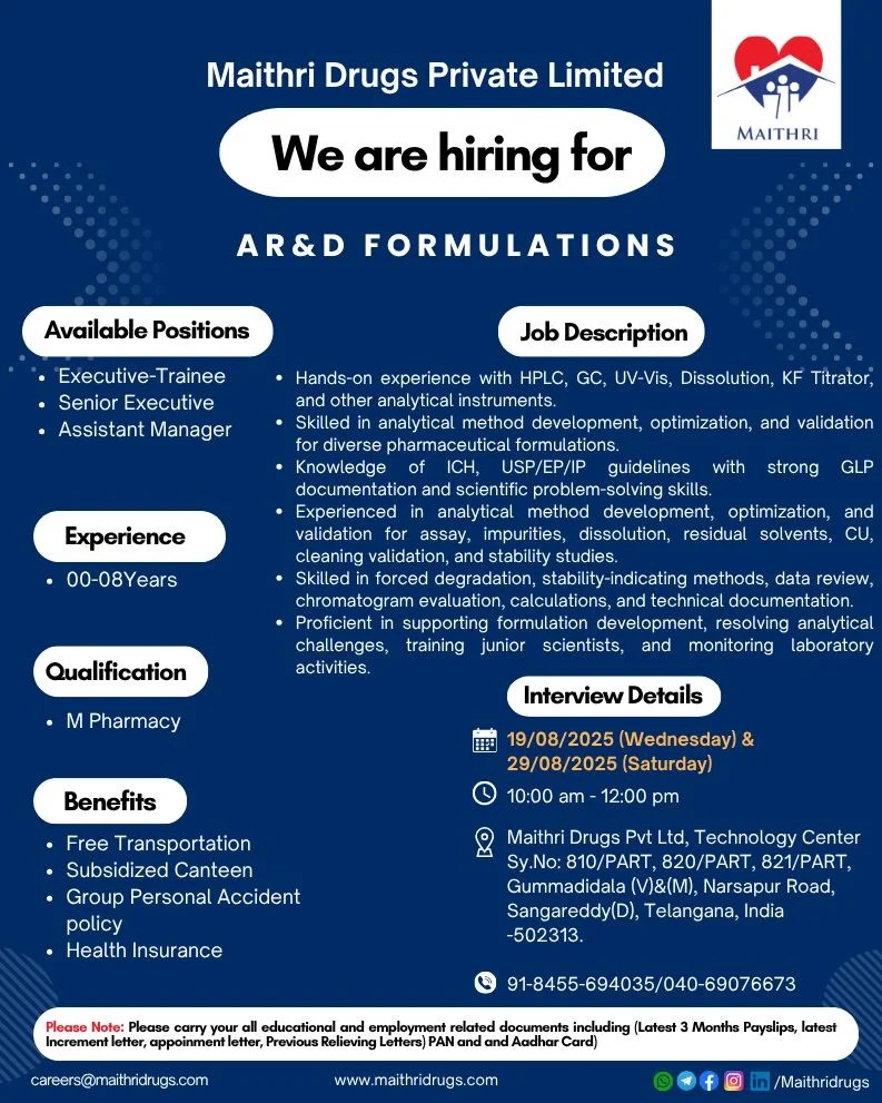 Maithri Drugs is Hiring Freshers & Experienced for R&D Formulations Job