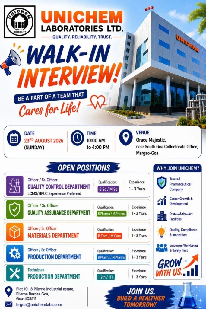 Unichem Laboratories is Hiring for QC, QA, Materials and Production roles
