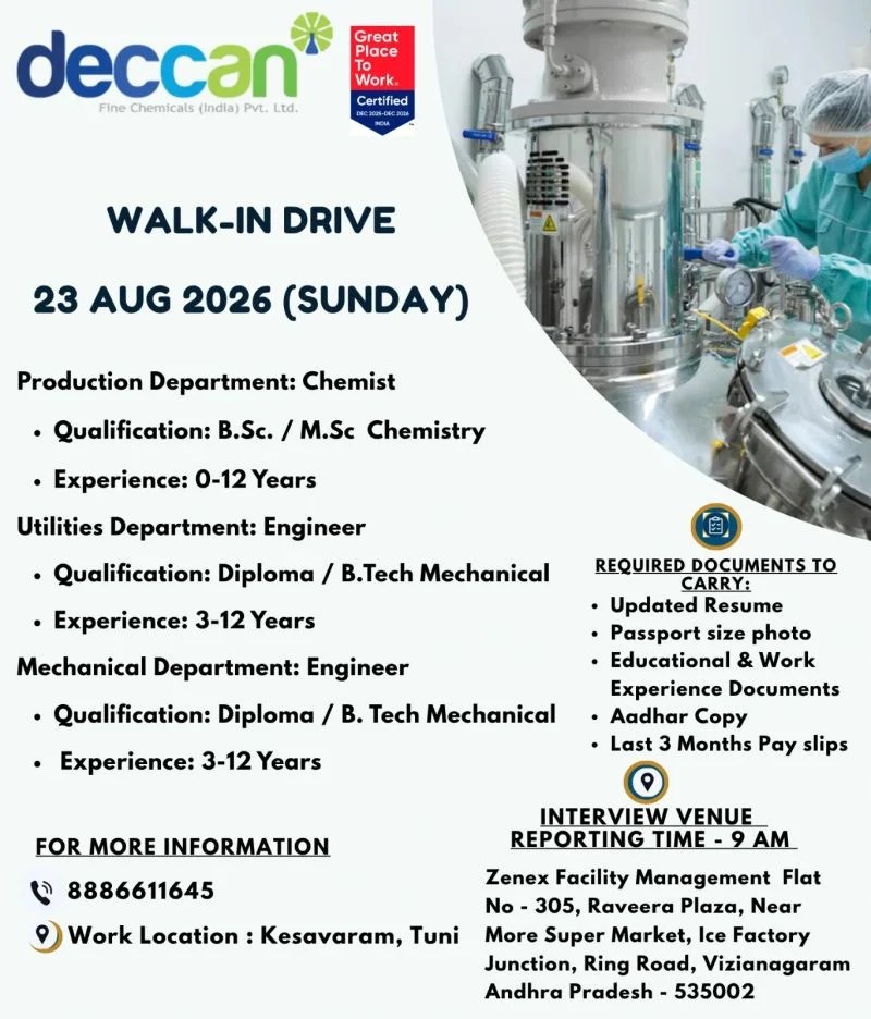 Deccan Fine Chemicals is Hiring Freshers & Experienced for Production Chemist and Engineering