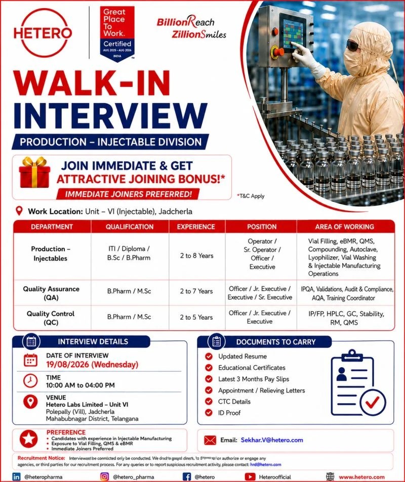 Hetero Pharma is Hiring for Production &ndash; Injectables, QA, QC Jobs
