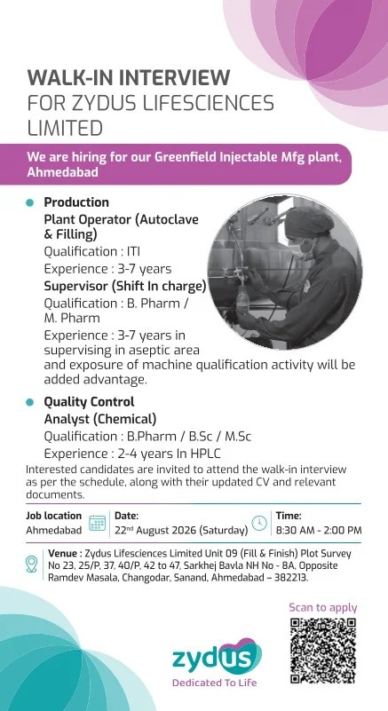 Zydus Lifesciences is Hiring for Production and Quality Control