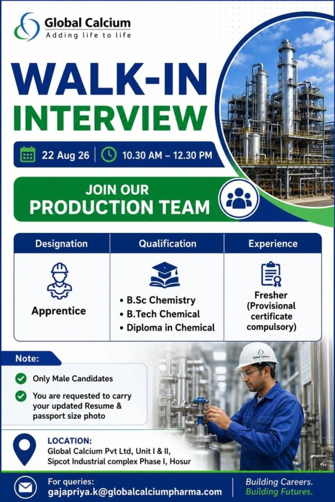 Global Calcium is Hiring FRESHERS for Apprentice &ndash; Production