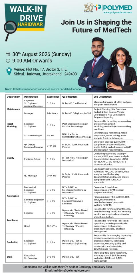 Poly Medicure Limited Walk-In Drive for Multiple Positions Experienced in Maintenance, Insert Moulding, Quality, Automation, Tool Room, Production , Stores on 30th Aug 2026 - Pharmawisdom.co.in