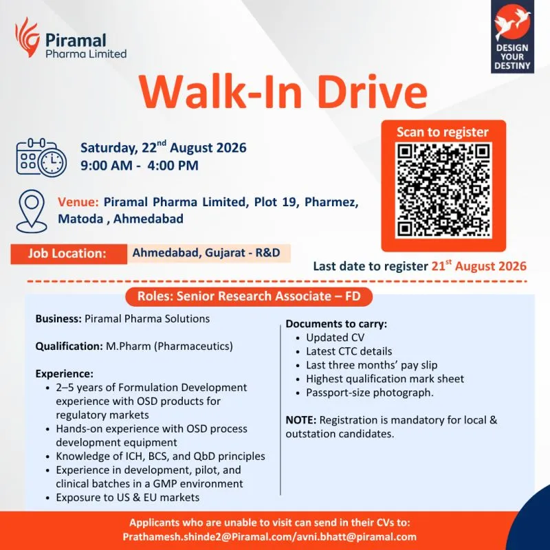 Piramal Pharma is Hiring for Senior Research Associate &ndash; FD