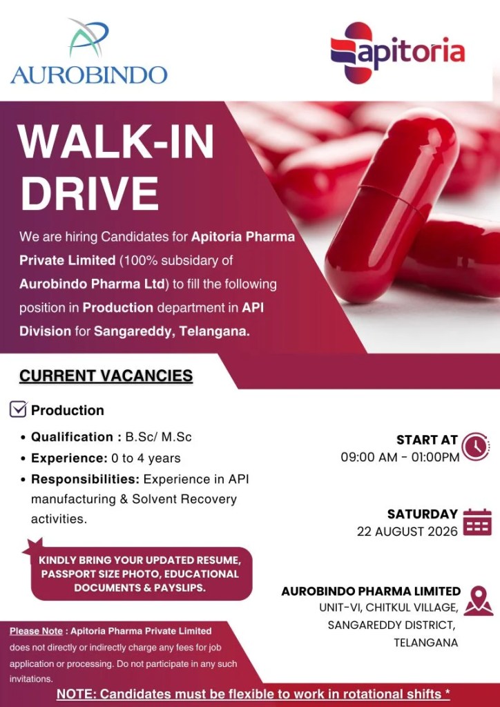 Apitoria Pharma is Hiring FRESHERS for Production &ndash; API Division