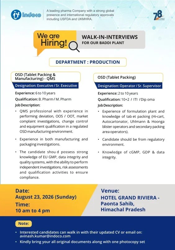 Indoco Remedies is Hiring for Production (OSD Tablet Packing & Manufacturing)
