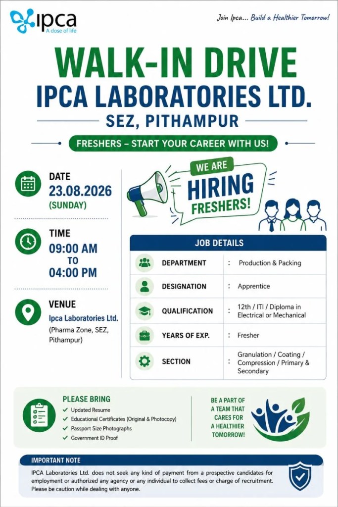 IPCA Laboratories is Hiring FRESHERS for Apprentice - Production & Packing