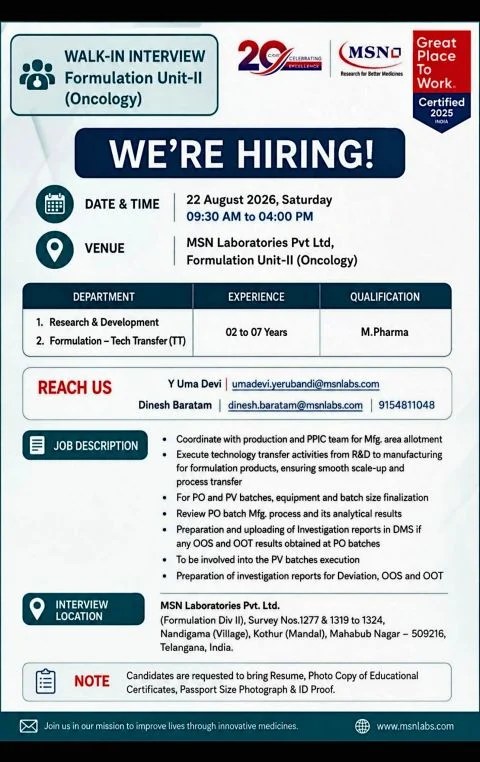 MSN Laboratories is Hiring for Research & Development / Formulation &ndash; Tech Transfer (TT)