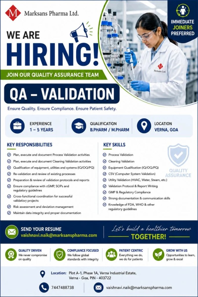 Marksans Pharma is Hiring for Quality Assurance &ndash; Validation