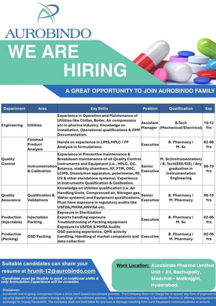 Aurobindo Pharma is Hiring for Engineering, QC, QA, and Production