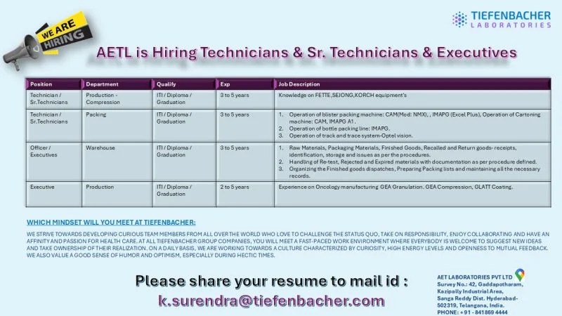 AET Laboratories is Hiring for Production, Packing, Warehouse