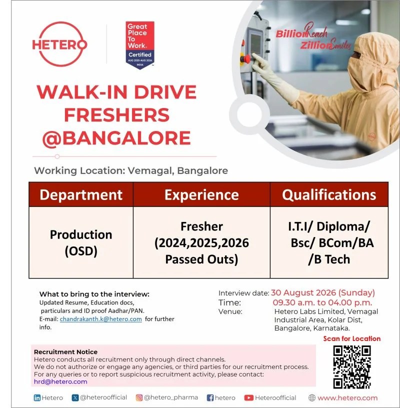 Hetero Labs is Hiring for Production (OSD) &ndash; Fresher