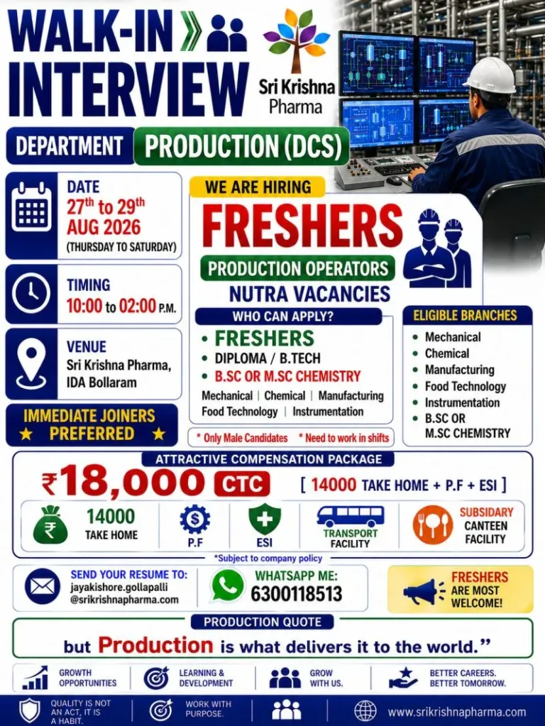 Sri Krishna Pharma is Hiring FRESHERS for Production Operator