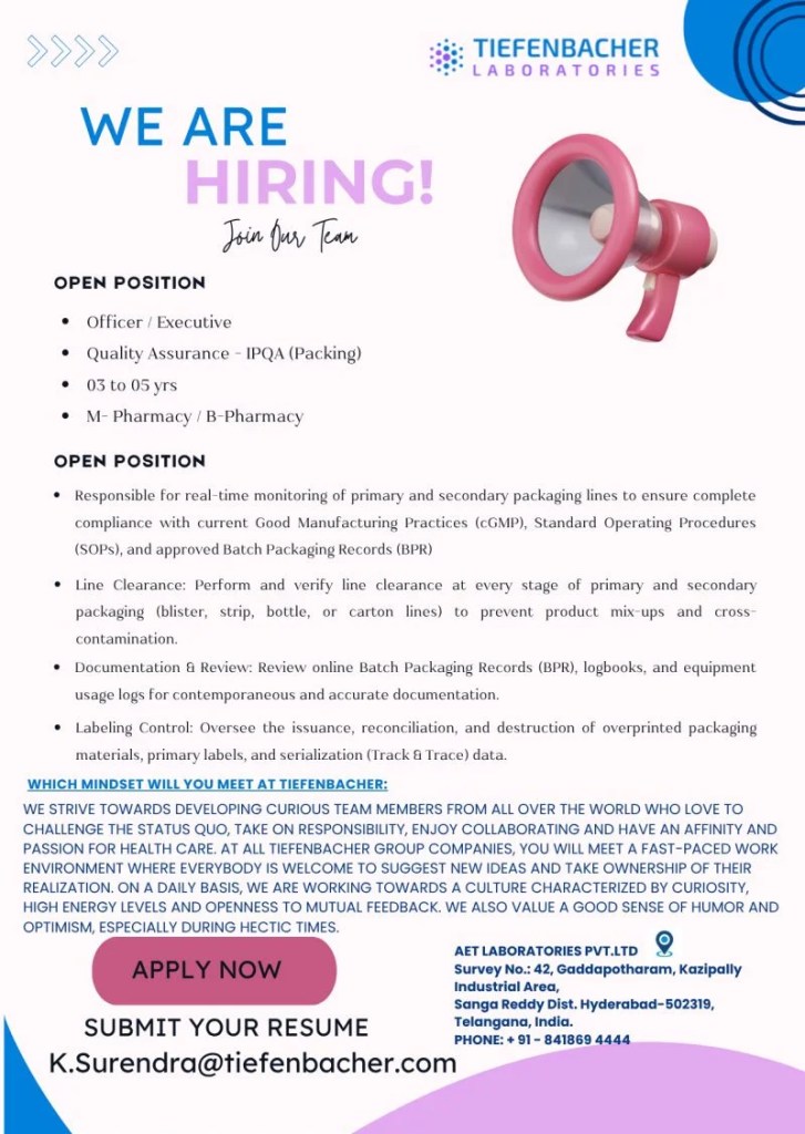 AET Laboratories is Hiring for Quality Assurance (IPQA &ndash; Packing)