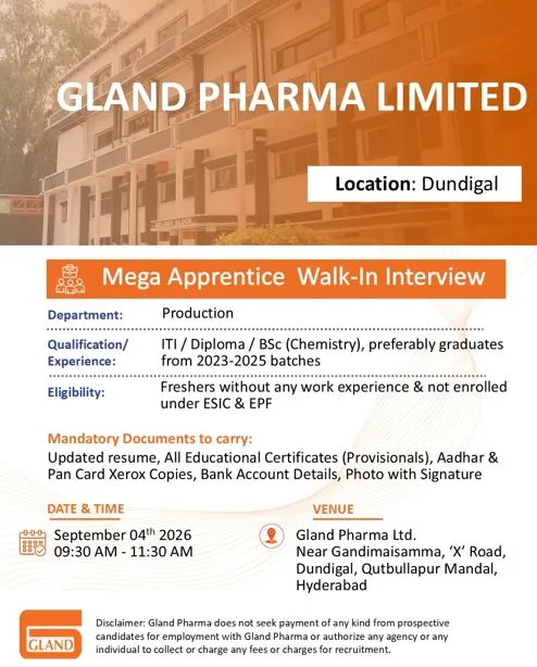 Gland Pharma is Hiring FRESHERS for Apprentice &ndash; Production