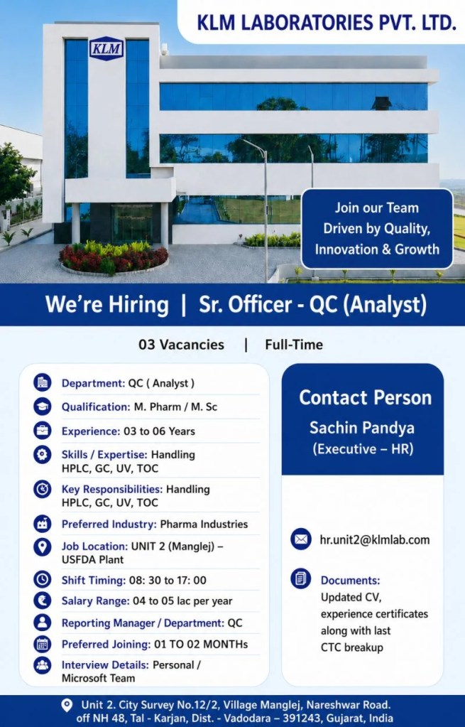 KLM Laboratories is Hiring for Sr. Officer &ndash; QC (Analyst)