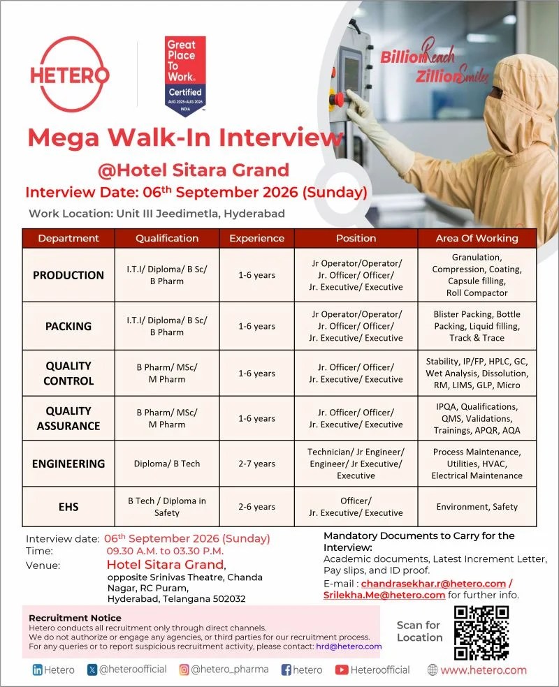 Hetero is Hiring for Production, Packing, QC, QA, Engineering and EHS