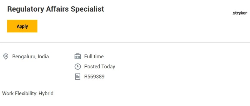 Stryker is Hiring for Regulatory Affairs Specialist Job