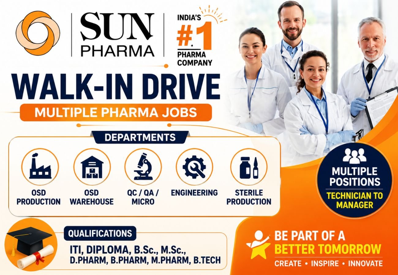 Sun Pharma is Hiring for OSD Production, Warehouse, QC, QA/Micro, Engineering