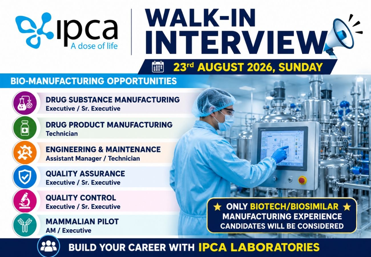 Ipca Laboratories is Hiring for Manufacturing, QA, QC, Engineering & Maintenance