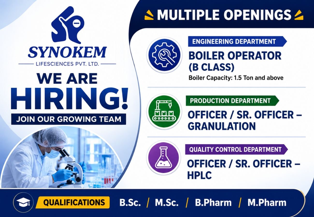 Synokem Lifesciences is Hiring for Engineering, Production and Quality Control