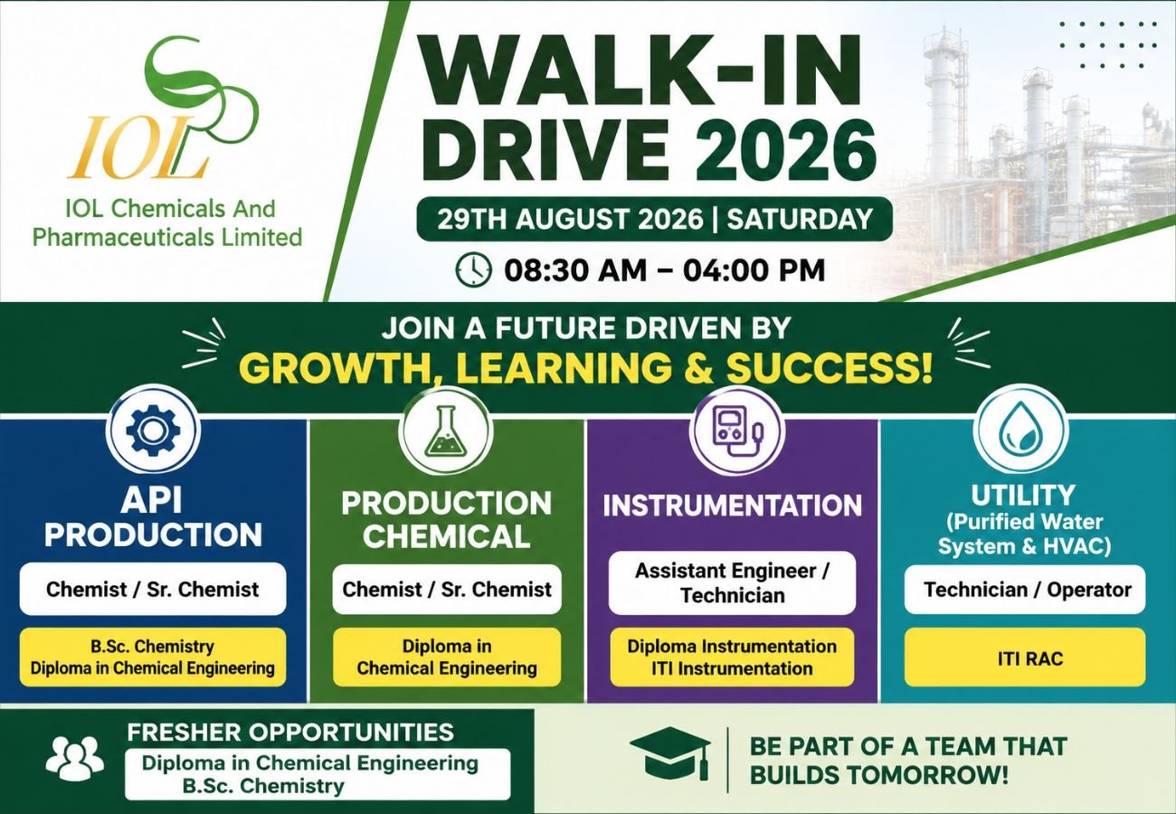 IOL Chemicals and Pharmaceuticals is Hiring for Production, Instrumentation, Utility