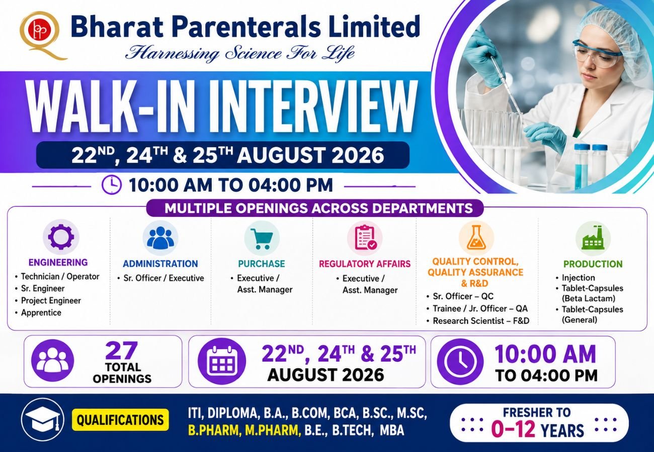 Bharat Parenterals is Hiring for Engineering, Administration, Purchase, Regulatory Affairs, QC, QA, R&D & Production