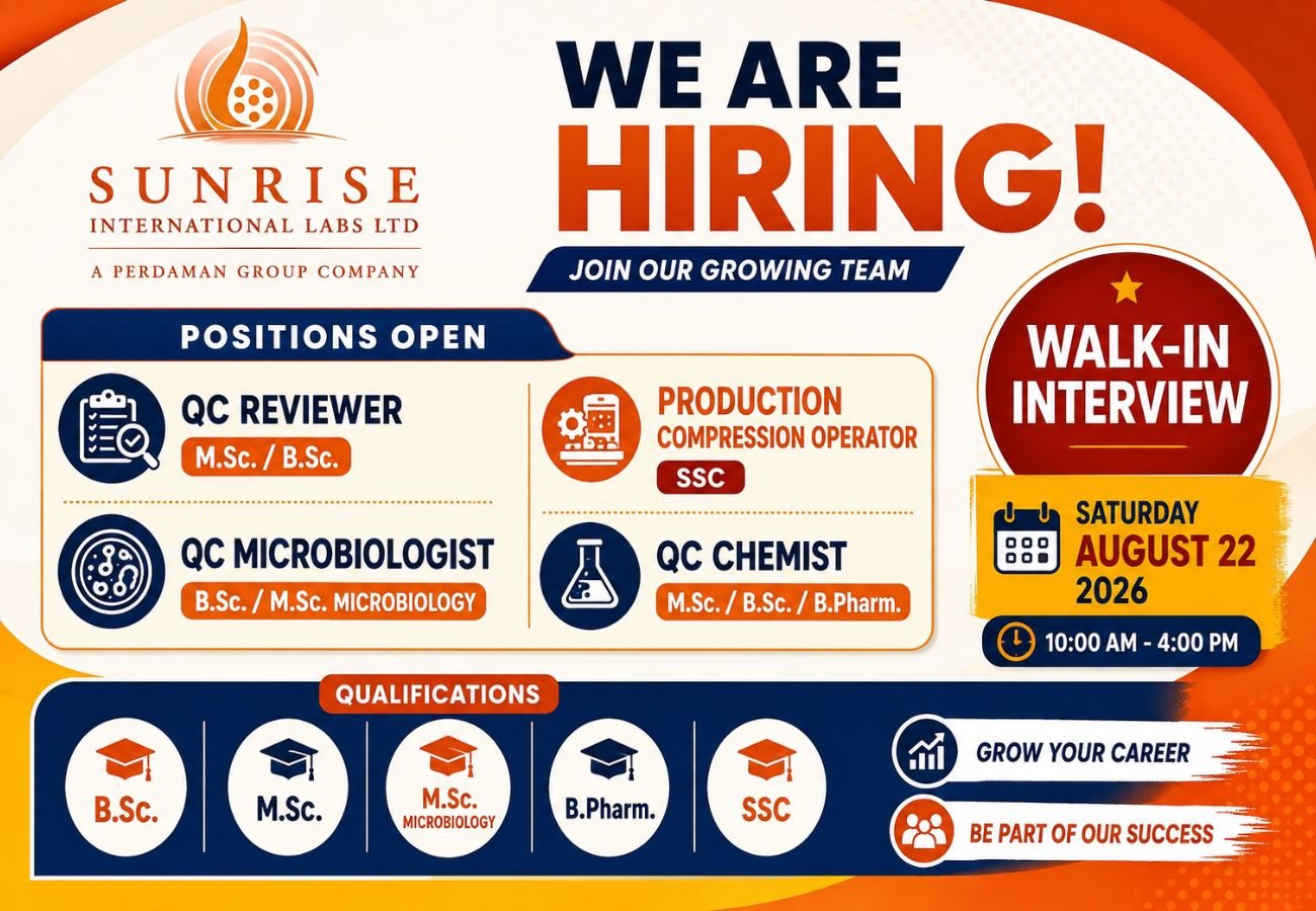 Sunrise International Labs is Hiring for Quality Control (QC), Production