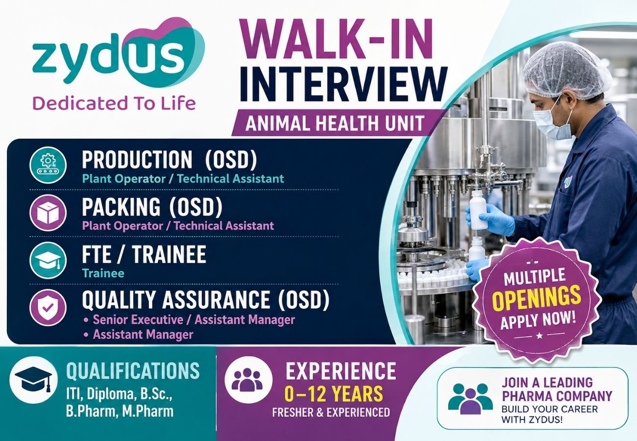Zydus Lifesciences is Hiring Freshers & Experienced for Production, Packing and QA