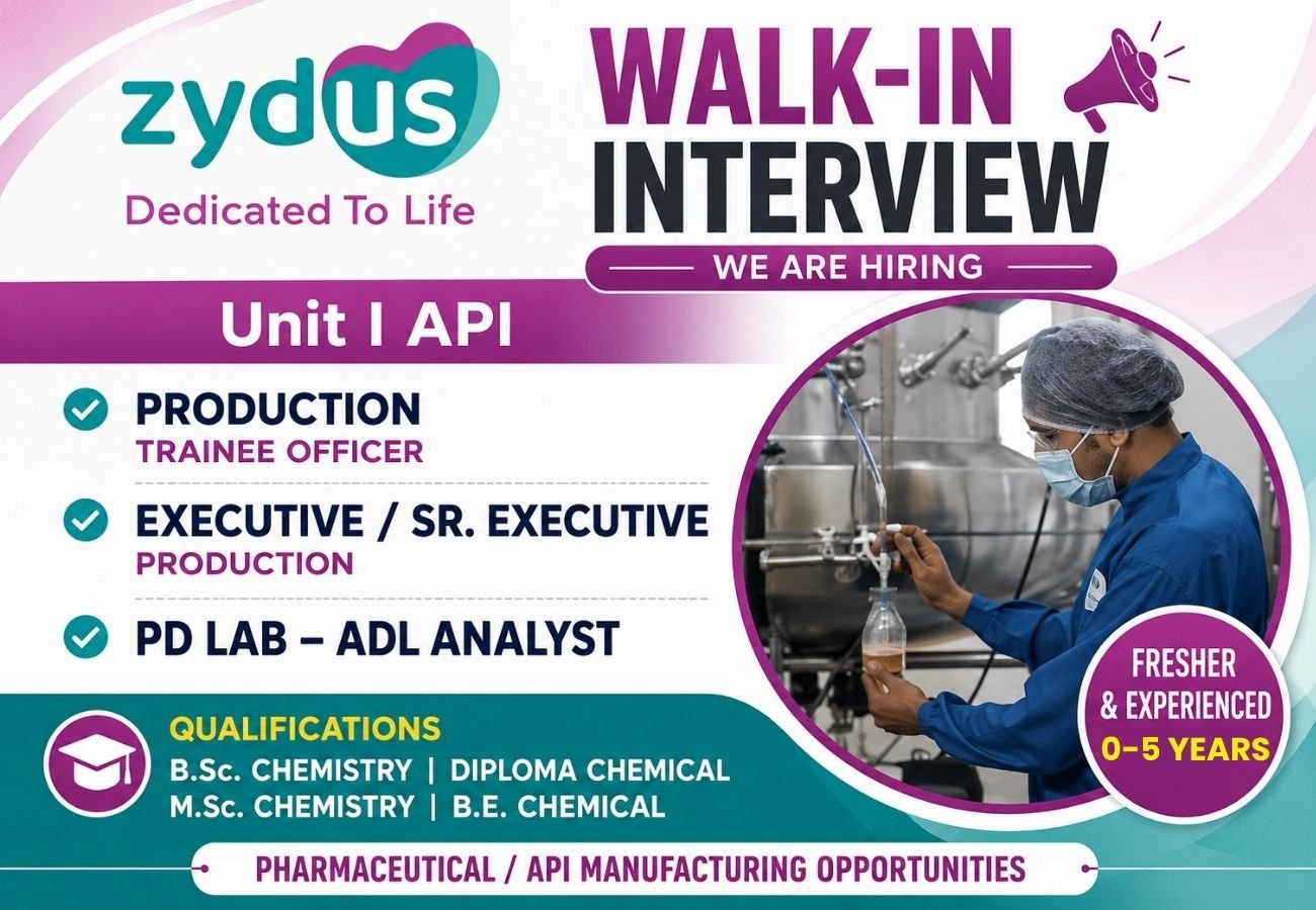 Zydus Lifesciences is Hiring Freshers & Experienced for Production, Executive and ADL Analyst