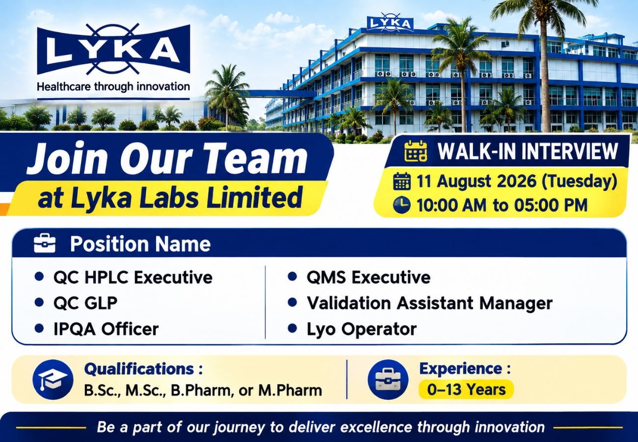 Lyka Labs Limited is Hiring for QC, QA & Production Jobs