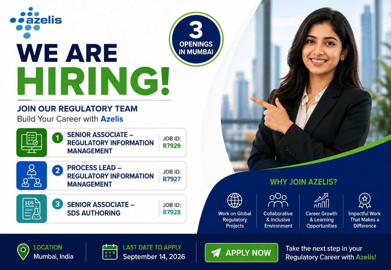 Azelis Hiring for SDS authoring, RIM in Regulatory Affairs