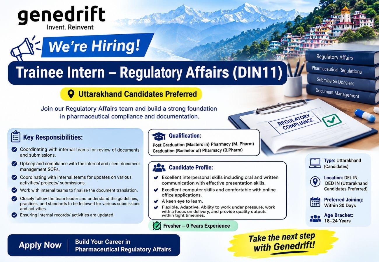 Genedrift Hiring Trainee Intern Regulatory Affairs | Freshers