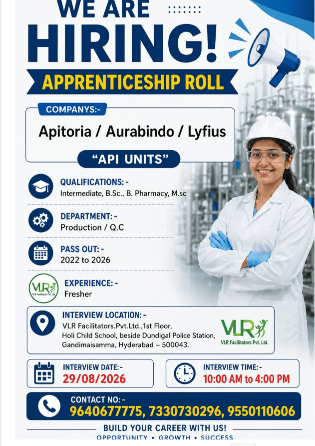 Aptoria / Aurobindo / Lyfius walk in Interview for FRESHERS in Production / Quality Control on 29th Aug' 2026 - Pharmawisdom.co.in