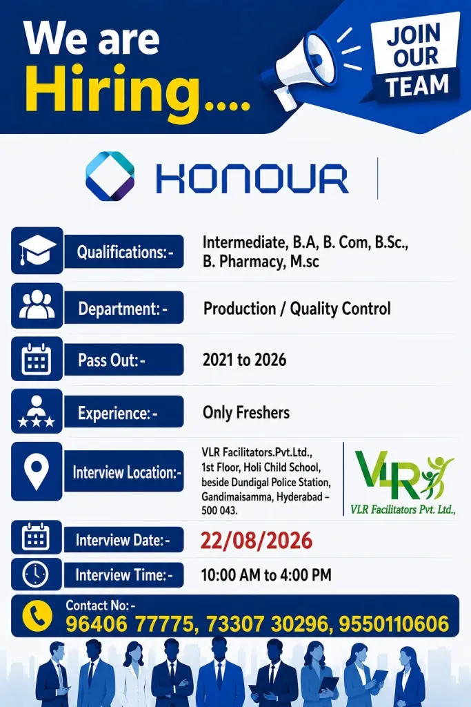 Honour is Hiring FRESHERS for Production / Quality Control