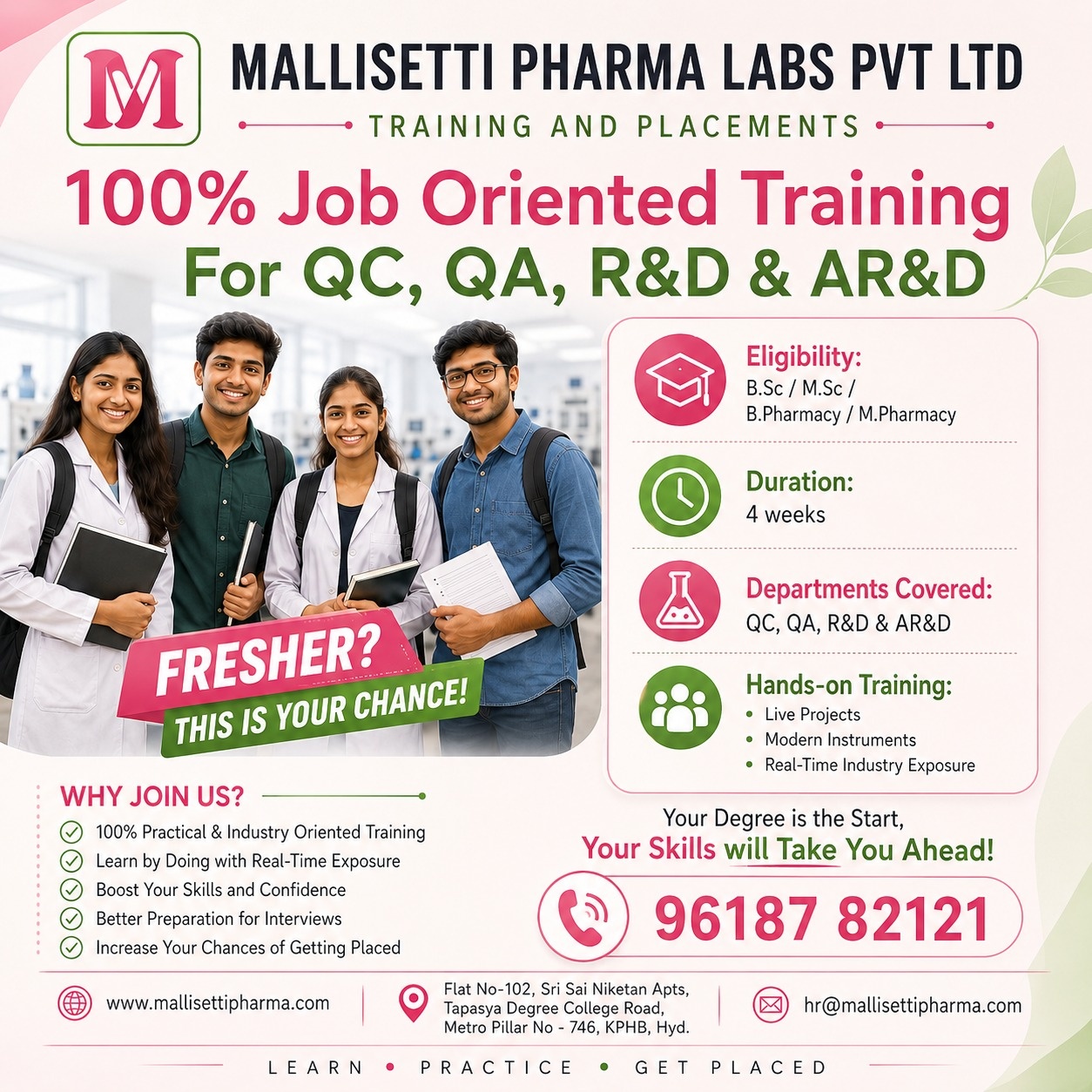 Job Oriented Training for Freshers in QC / QA / R&D / AR&D at Mallisetti Pharma Labs, Hyderabad - Pharmawisdom.co.in