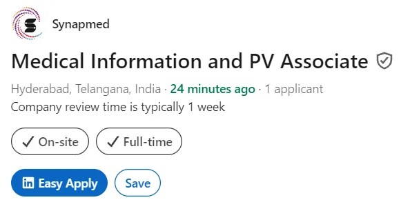 Synapmed Hiring for Medical Information and Pharmacovigilance Associate | Entry Level