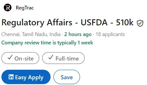 RegTrac Hiring for Regulatory Affairs Associate USFDA 510(k)