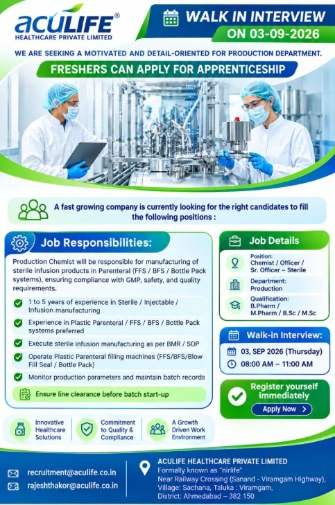 Aculife Healthcare Hiring Production Sterile | 0 - 5 Years