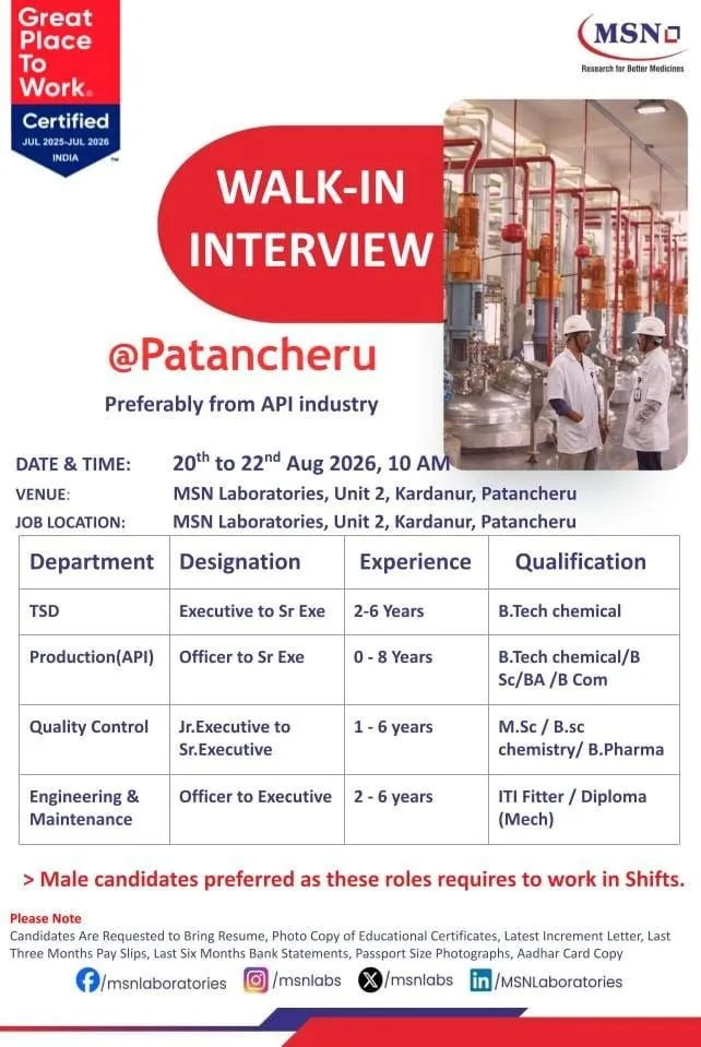 MSN Laboratories is Hiring for TSD, Production (API), QC, Engineering & Maintenance
