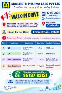 Walk-In Interviews for Freshers & Experienced in QC / R&D / Sales Departments on 12th Sep’ 2026 at Mallisetti Pharma Labs, Hyderabad
