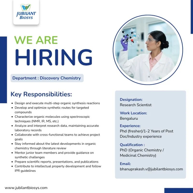 Jubilant Biosys is Hiring Freshers & Experienced for Research Scientist