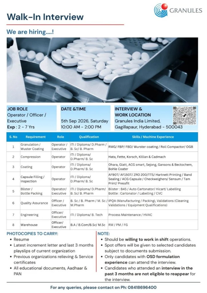Granules India is Hiring for Packing, QA, Engineering, Warehouse and more