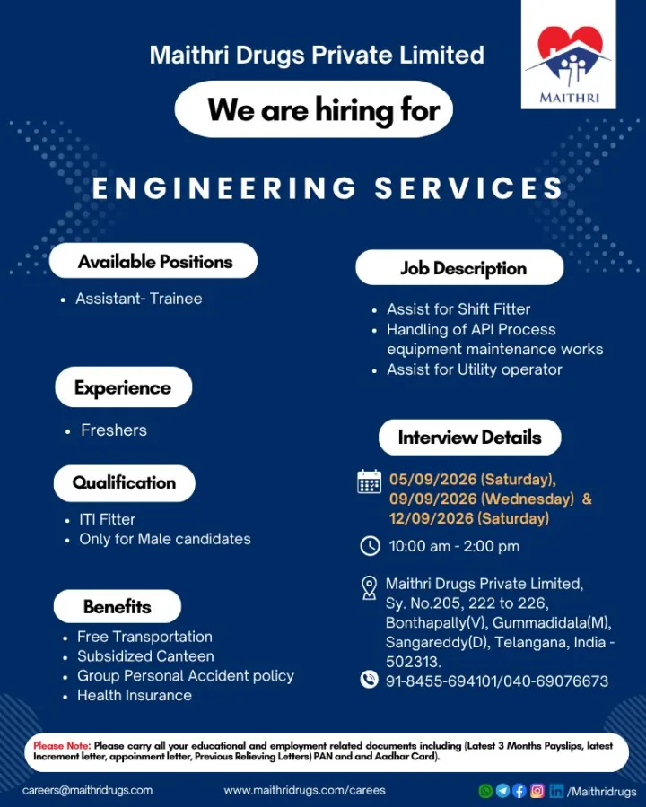 Maithri Drugs is Hiring FRESHERS for Assistant-Trainee &ndash; Engineering Services