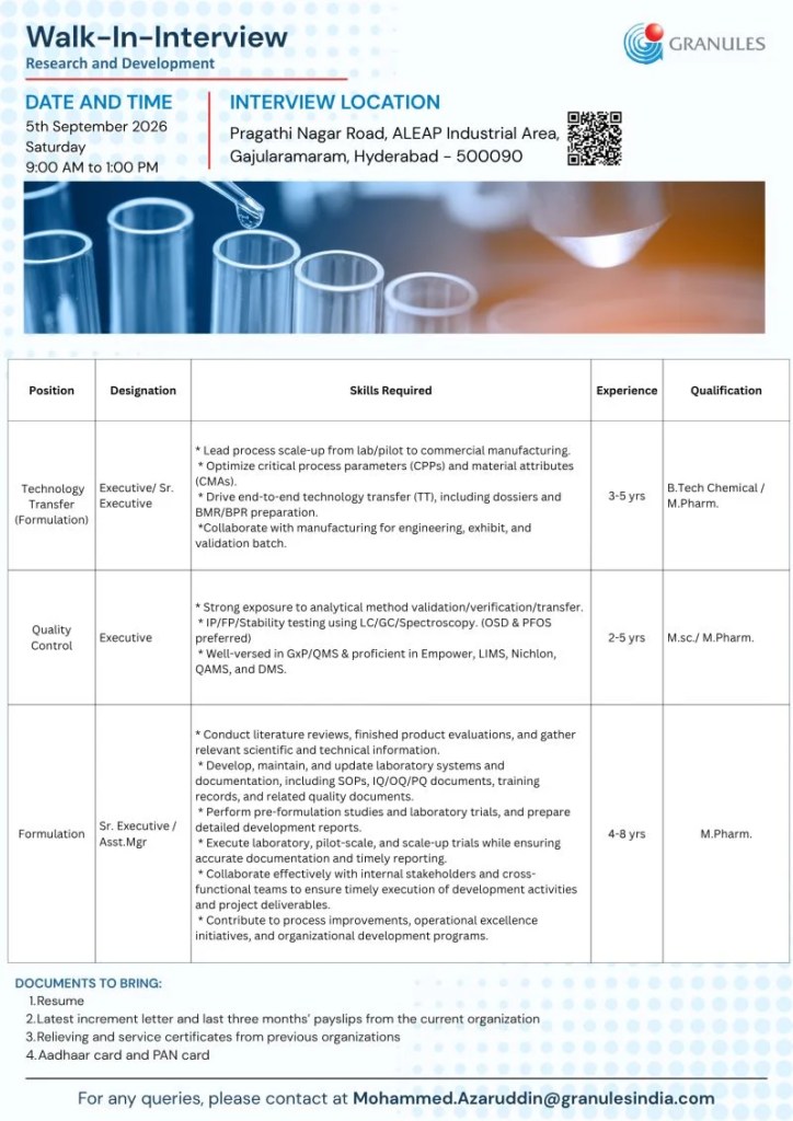 Granules India is Hiring for R&D, Formulation, Technology Transfer and QC