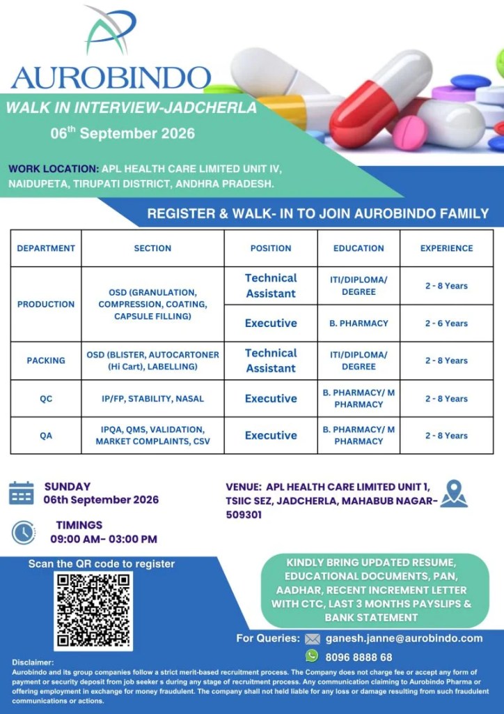 Aurobindo Pharma is Hiring for Production, Packing, QC and QA